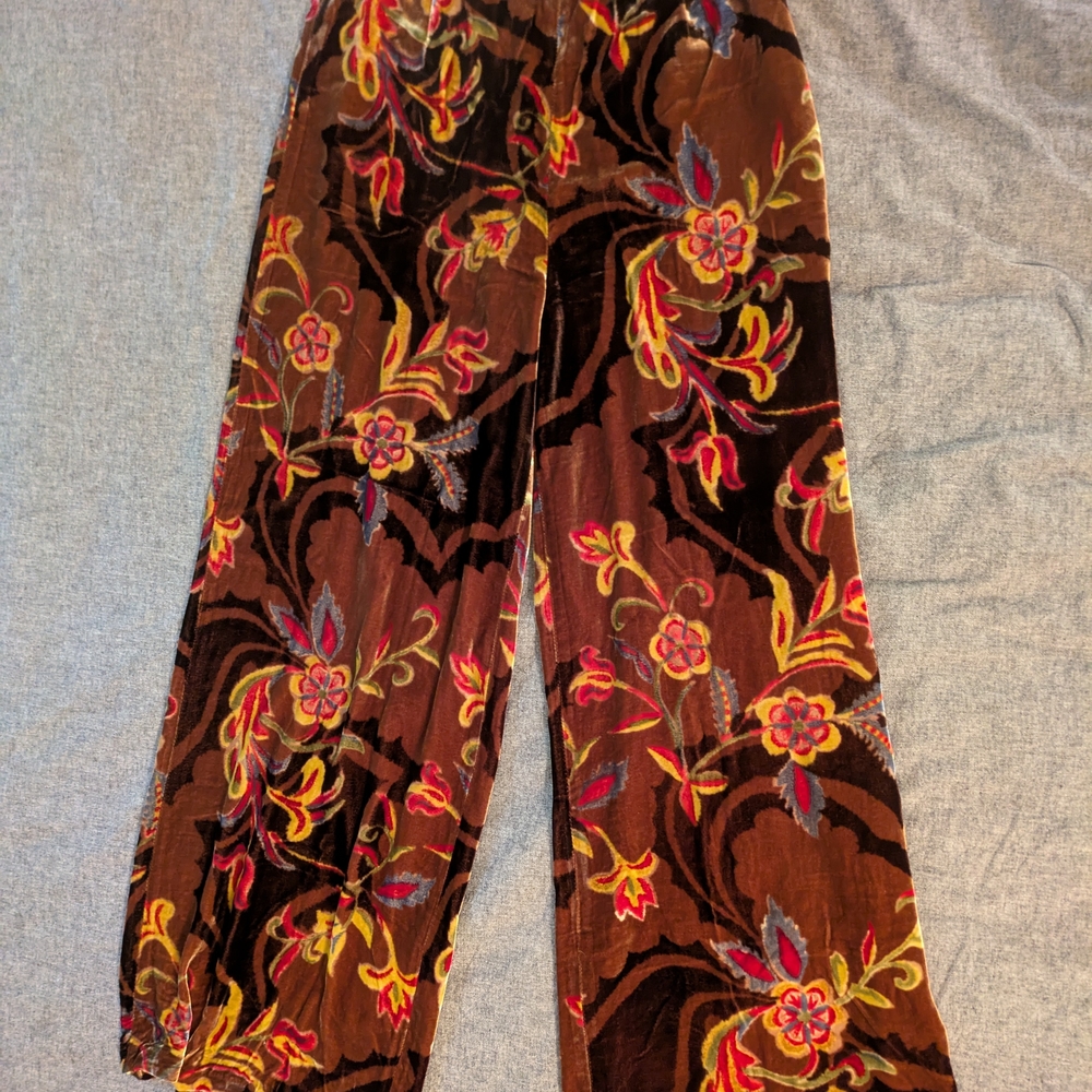 Anthropologie Brown Velvet Pants with Floral Pattern